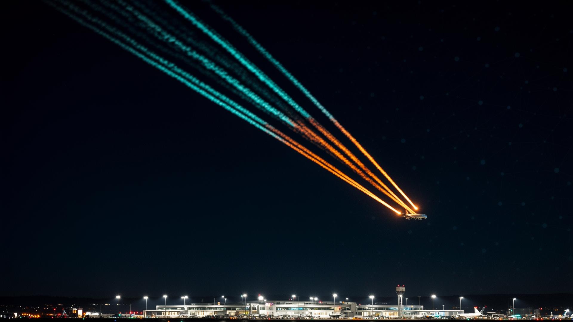 Jet contrails over Sea-Tac airport at night